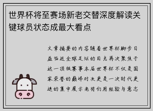 世界杯将至赛场新老交替深度解读关键球员状态成最大看点